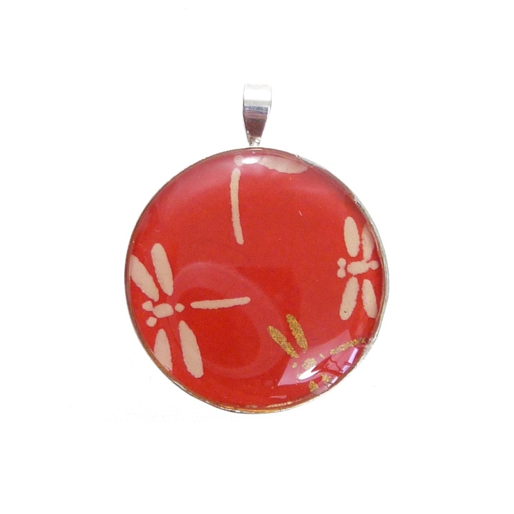 925 Sterling Silver Dragonfly Pendant Japanese Washi Paper Resin Red Jewelry New